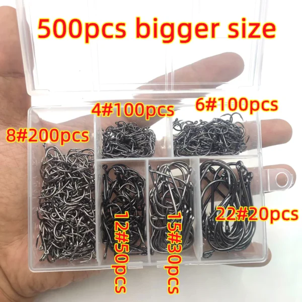 500pcs Carbon Steel Fishing Hooks Set No.3-22
