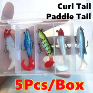 Lifelike Curl Paddle Tail Swimbaits with Treble Hook 5Pcs